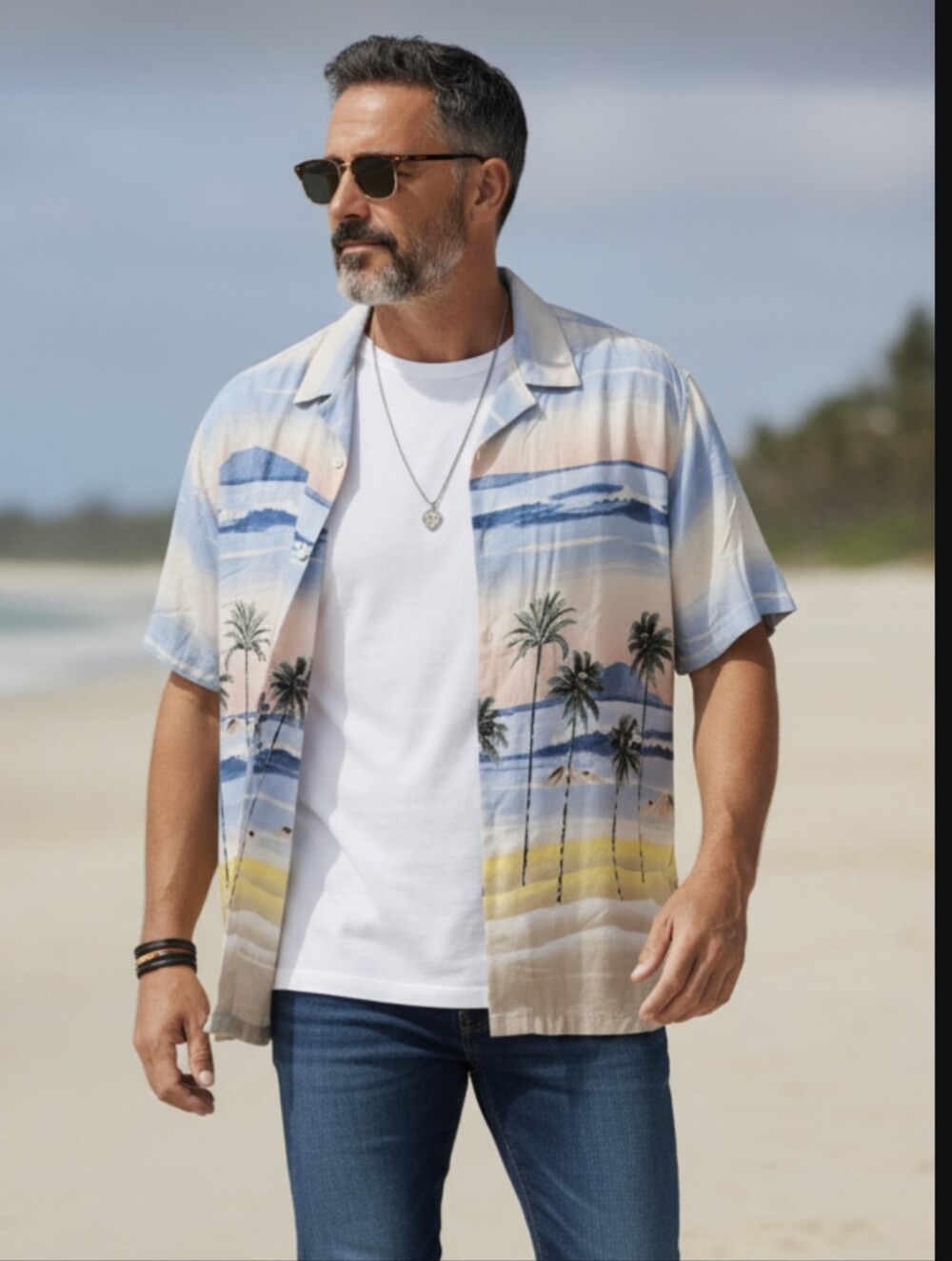 No Boundaries Pastel Beach Print Button-Down Shirt - Blue & Pink
